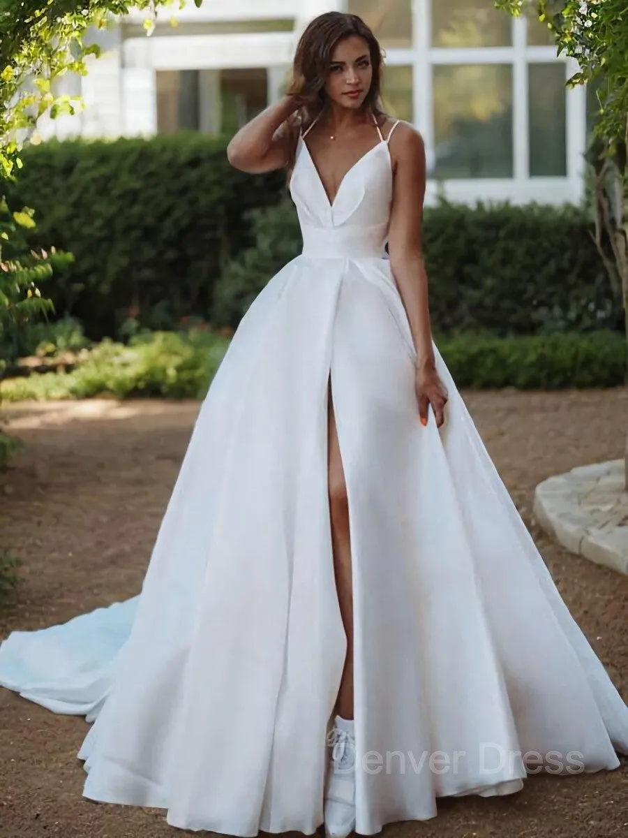 A-Line V-neck Sweep Train Satin Wedding Dresses With Leg Slit