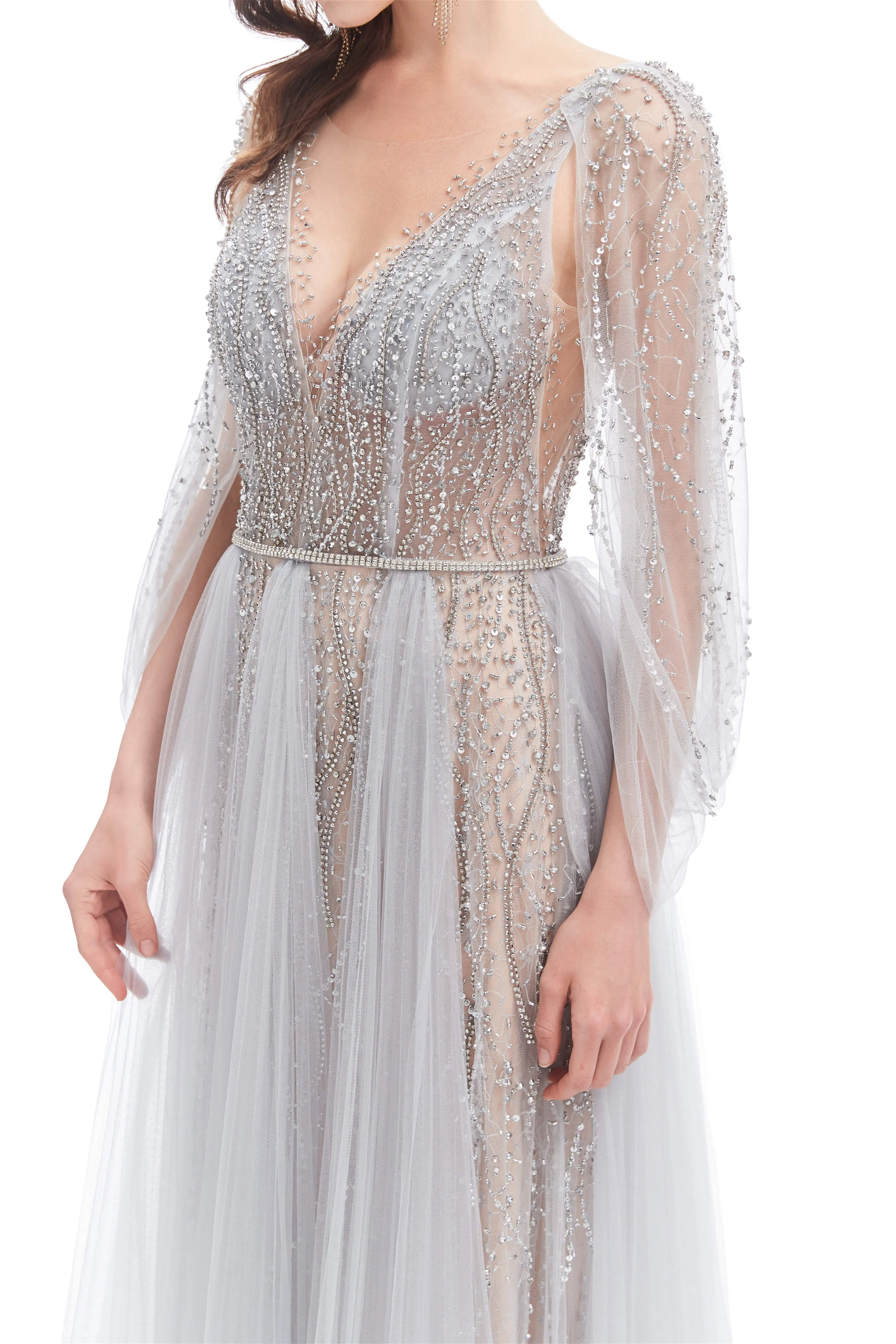 Backless V-neck Sequins Rhinestone Floor Length Prom Dresses