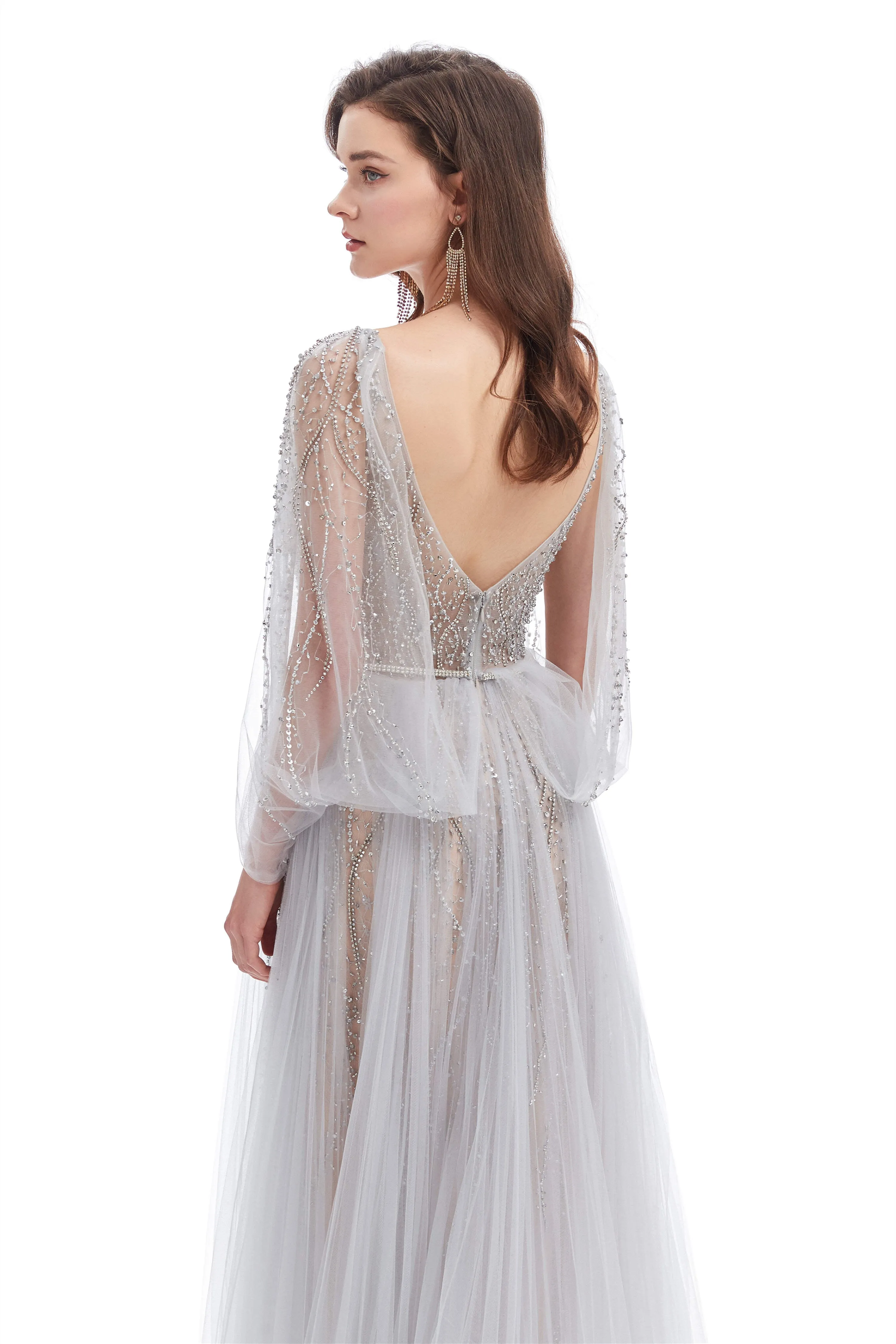 Backless V-neck Sequins Rhinestone Floor Length Prom Dresses