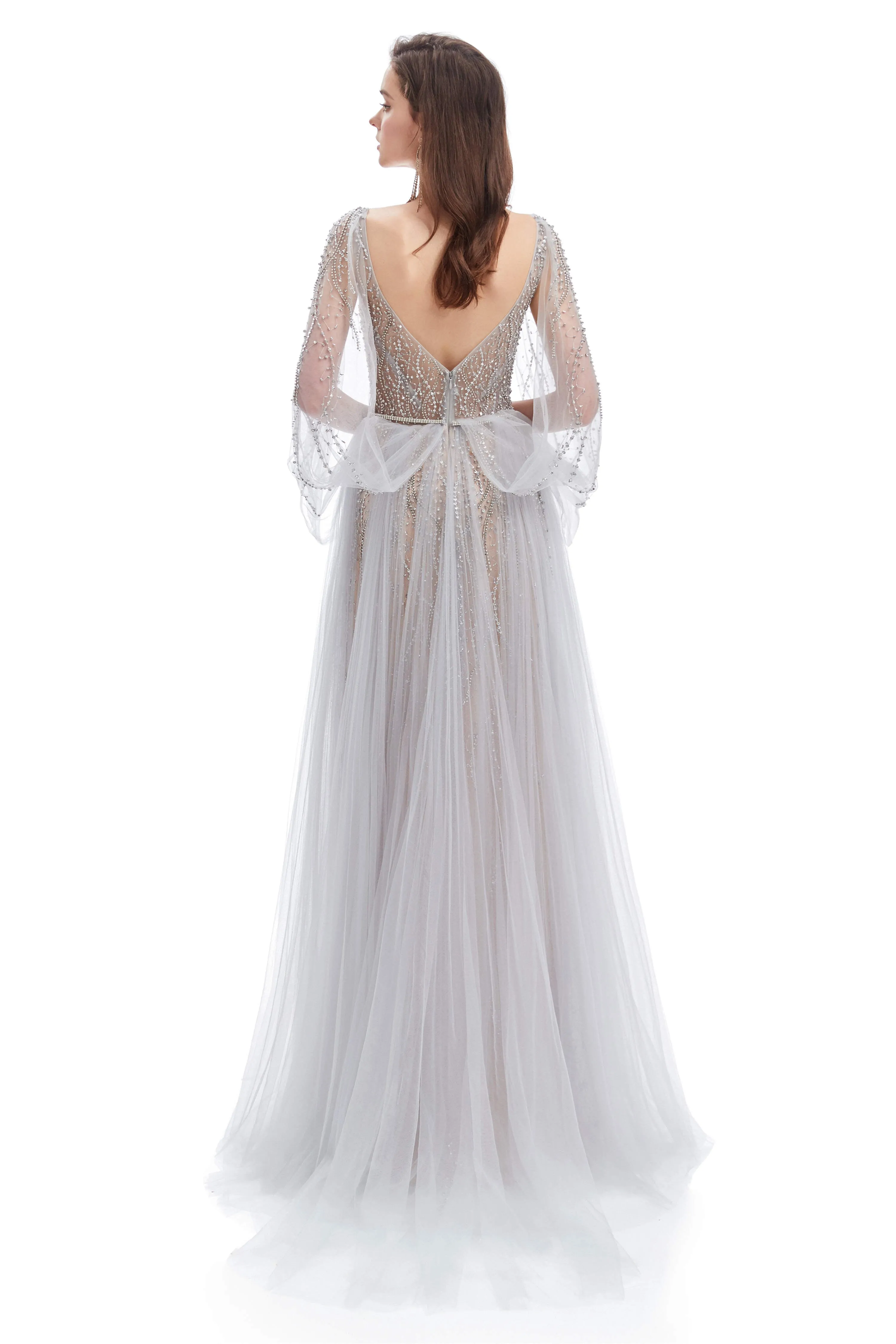 Backless V-neck Sequins Rhinestone Floor Length Prom Dresses