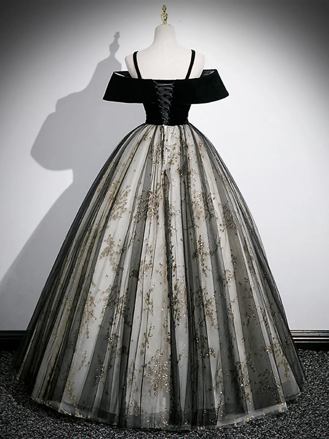 Black Velvet Tulle Sequins Floor Length Prom Dress Off the Shoulder Evening Party Dress