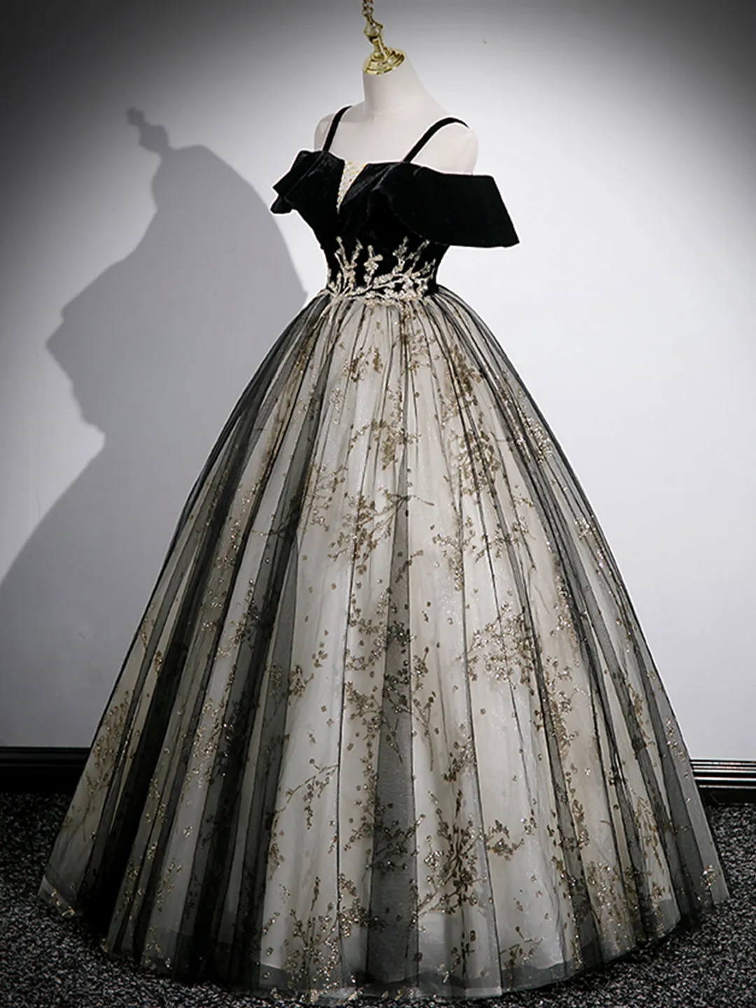 Black Velvet Tulle Sequins Floor Length Prom Dress Off the Shoulder Evening Party Dress