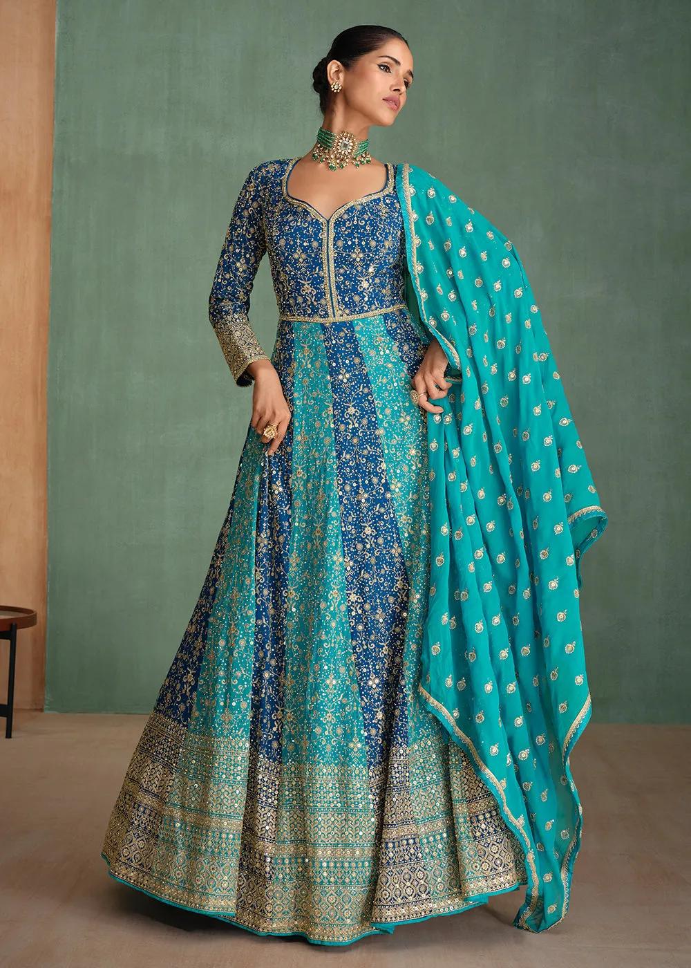 Blue Multi Embroidered Wedding Festive Anarkali Gown