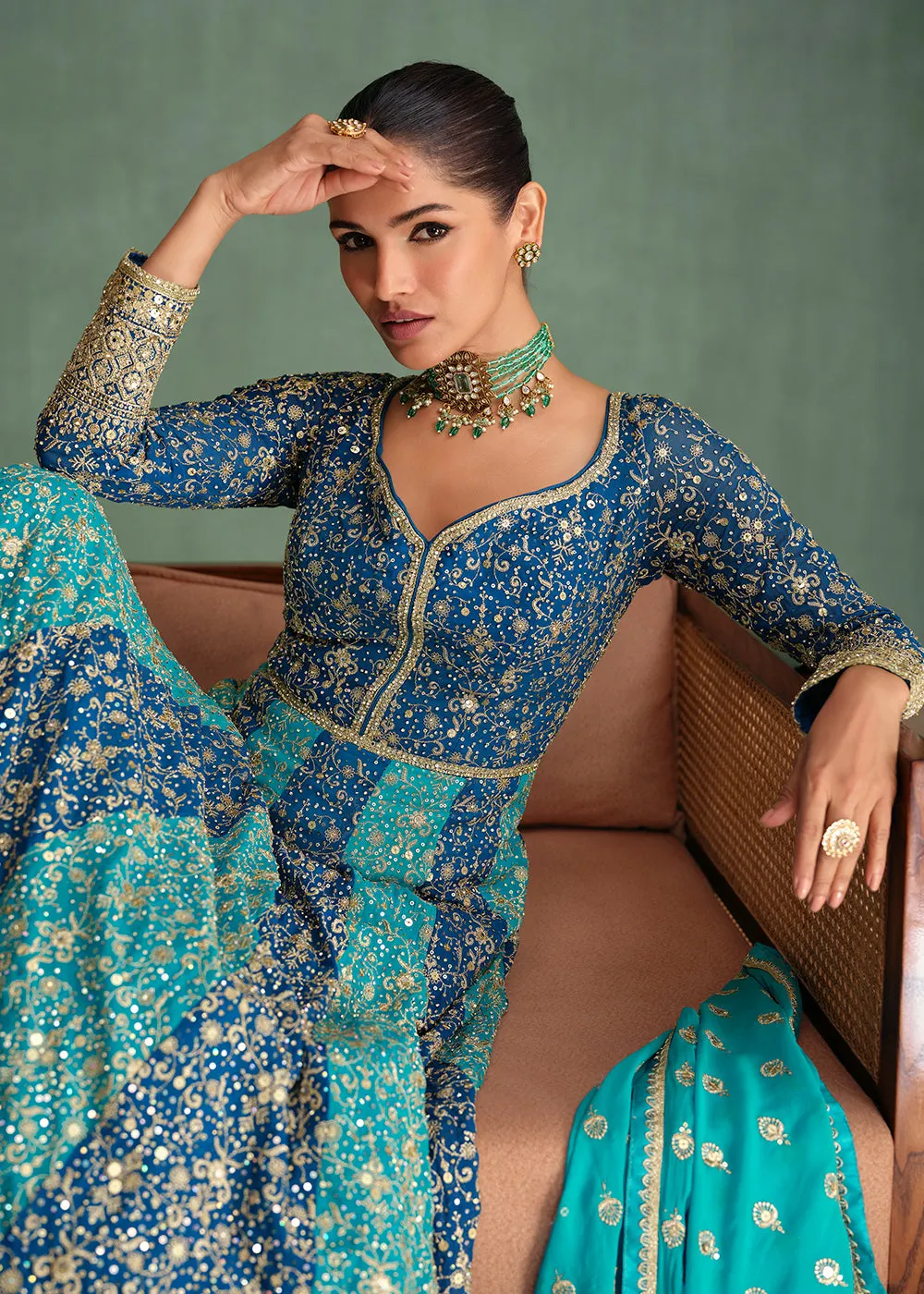 Blue Multi Embroidered Wedding Festive Anarkali Gown