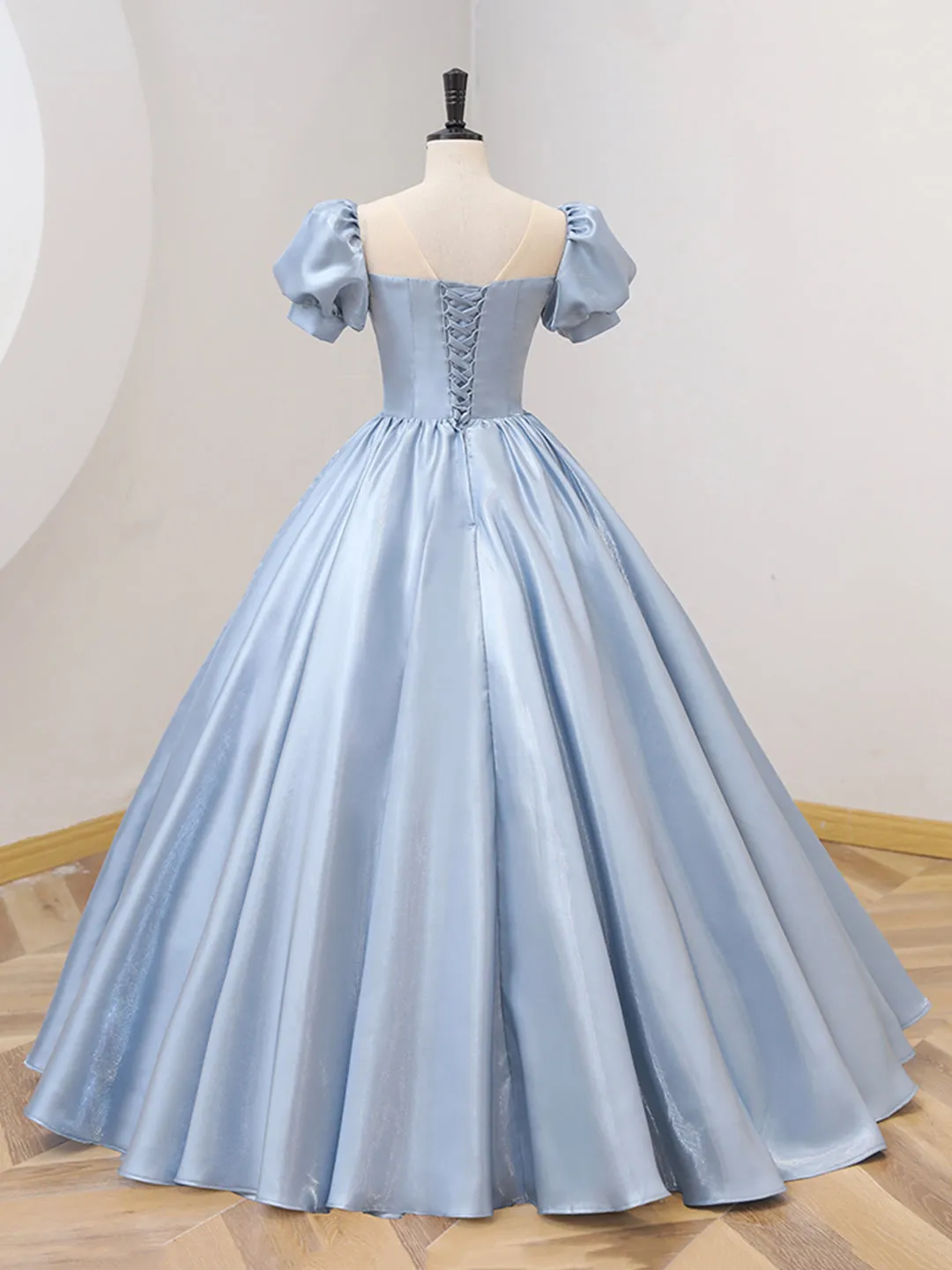 Blue Satin Floor Length Prom Dress with Bow Blue A-Line Evening Formal Dress