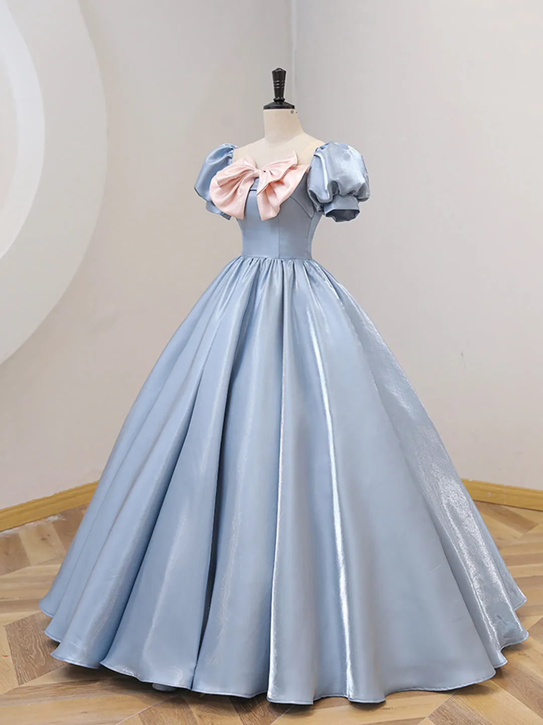 Blue Satin Floor Length Prom Dress with Bow Blue A-Line Evening Formal Dress