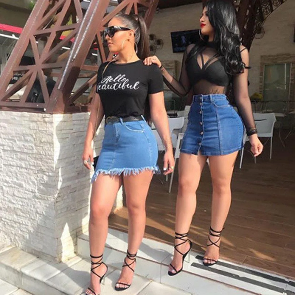 Blue Tassels Zipper High Waist Mini Denim Skirts
