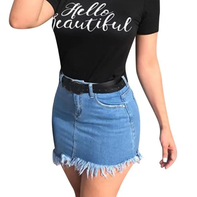 Blue Tassels Zipper High Waist Mini Denim Skirts