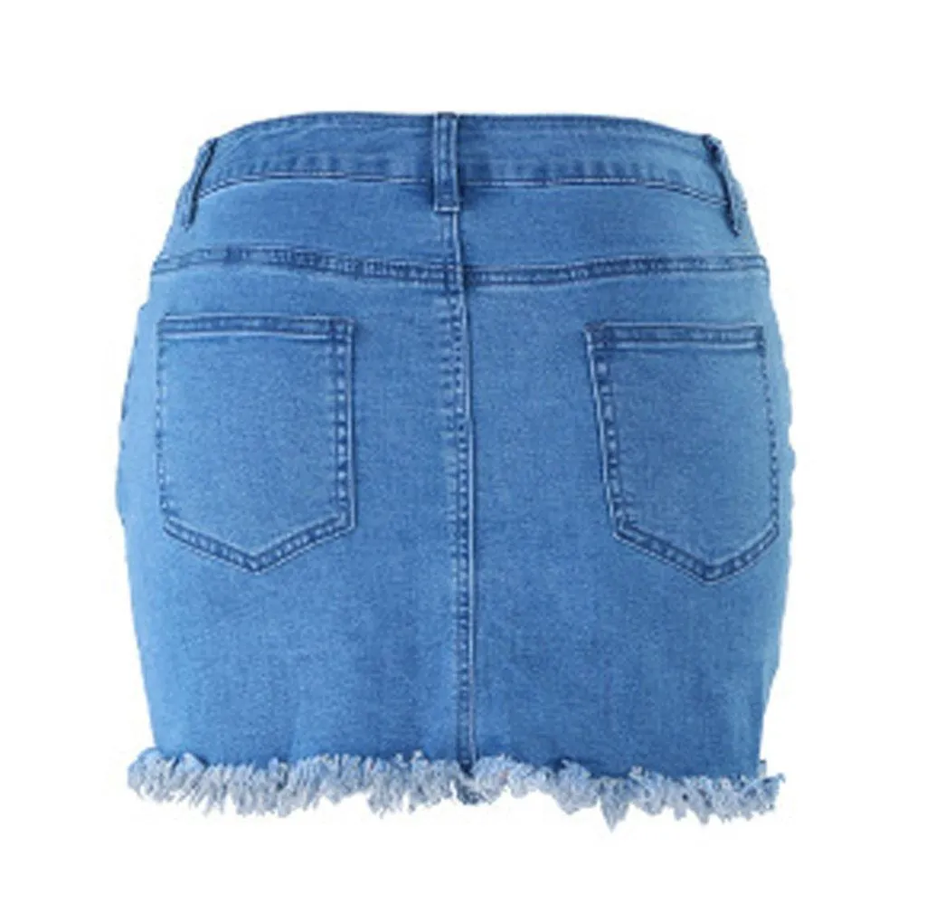 Blue Tassels Zipper High Waist Mini Denim Skirts