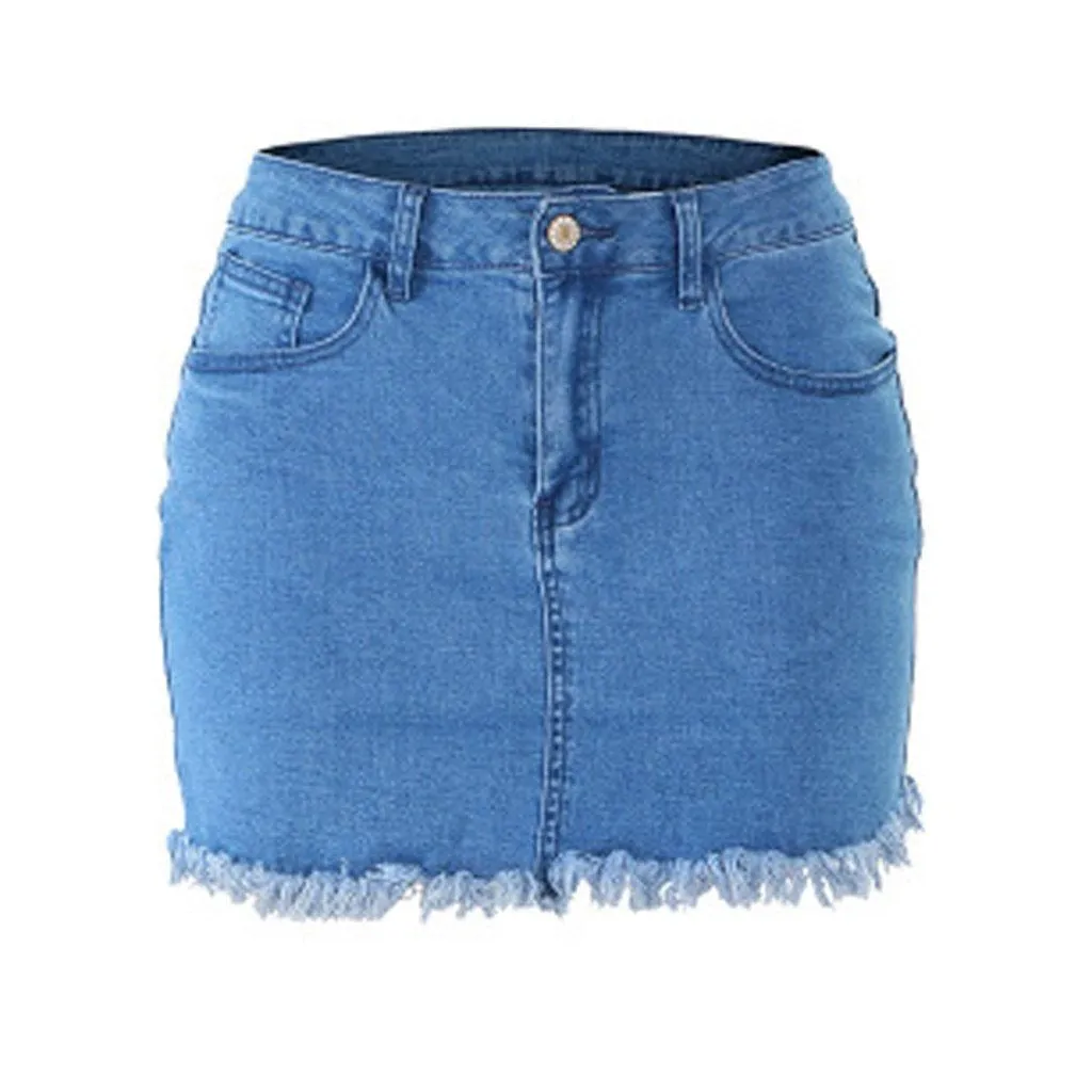 Blue Tassels Zipper High Waist Mini Denim Skirts