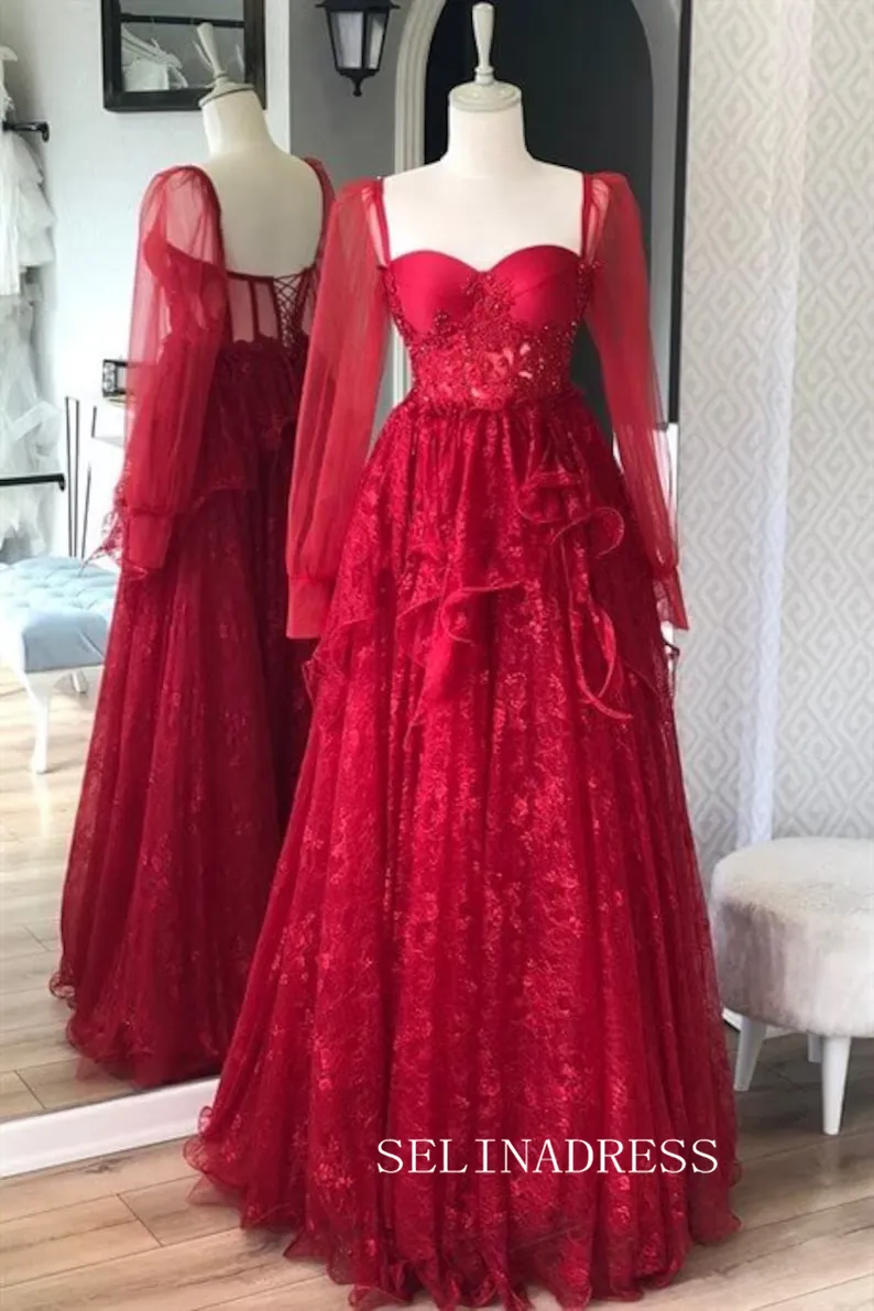 Chic A-line Dark Navy Long Prom Dresses With Long Sleeve Lace Evening Dresses POL019