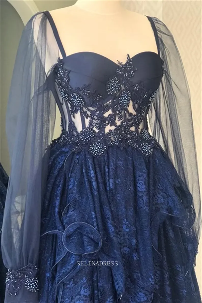 Chic A-line Dark Navy Long Prom Dresses With Long Sleeve Lace Evening Dresses POL019