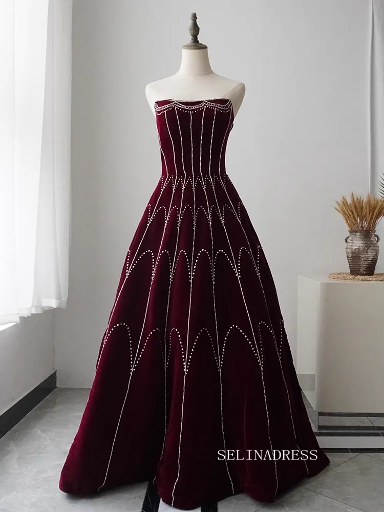 Chic A-line Detachable Straps Burgundy Beaded Long Prom Dress Elegant Evening Dress #KOP004
