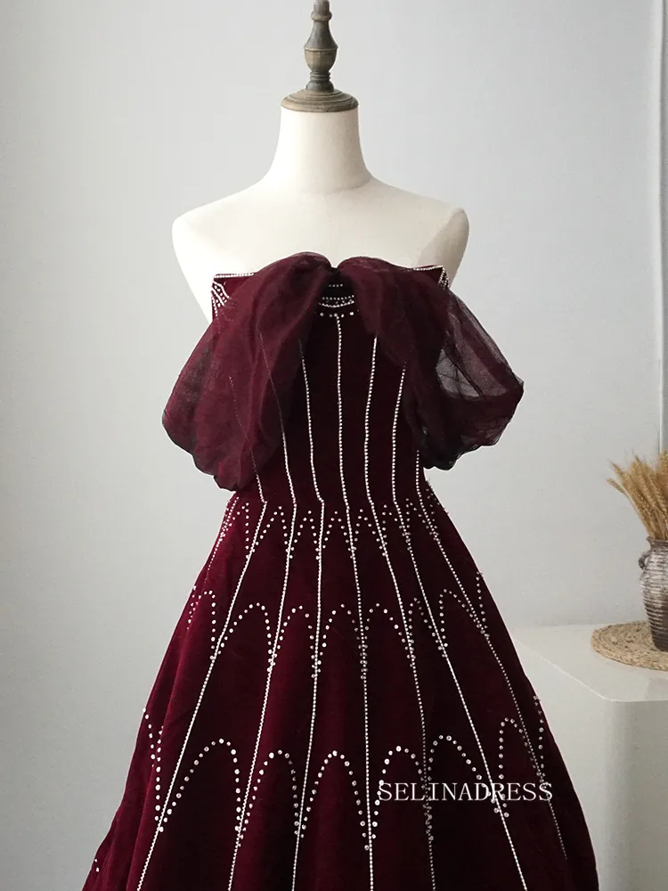Chic A-line Detachable Straps Burgundy Beaded Long Prom Dress Elegant Evening Dress #KOP004
