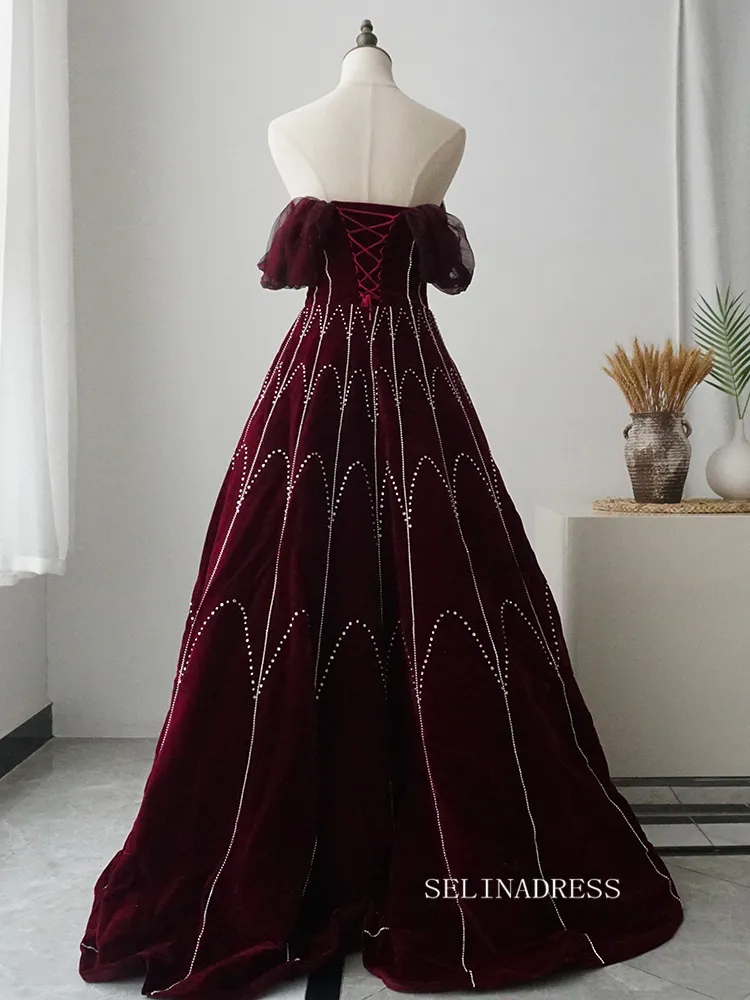 Chic A-line Detachable Straps Burgundy Beaded Long Prom Dress Elegant Evening Dress #KOP004