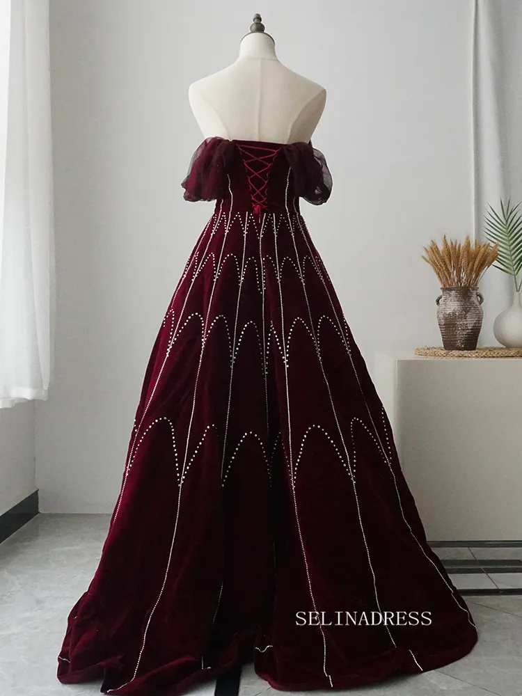 Chic A-line Detachable Straps Burgundy Beaded Long Prom Dress Elegant Evening Dress #KOP004