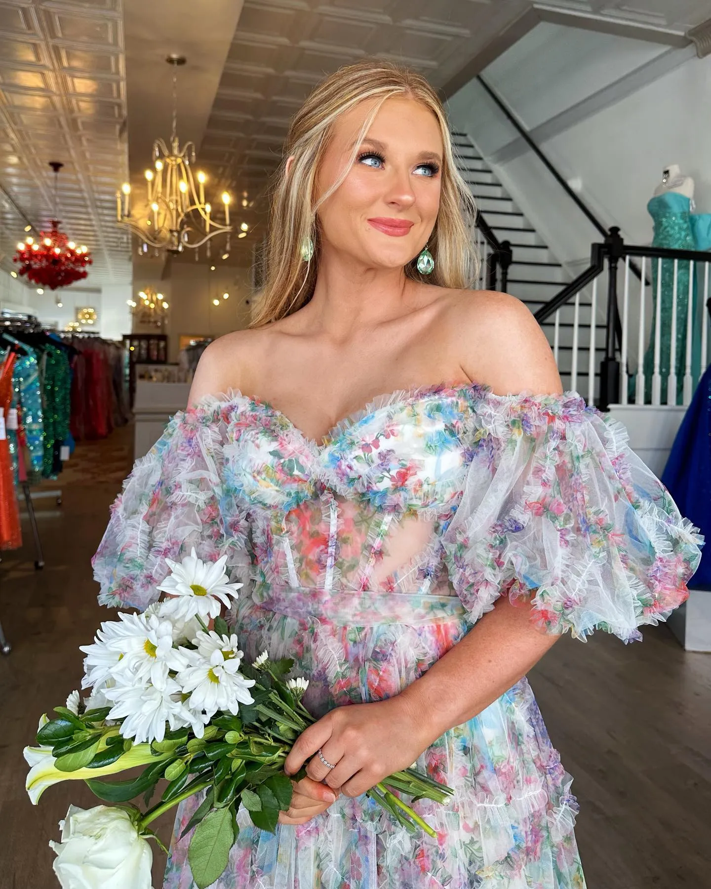 Chic A-line Off-the-shoulder Flower Long Prom Dress Tulle Elegant Evening Dress #JKSS620