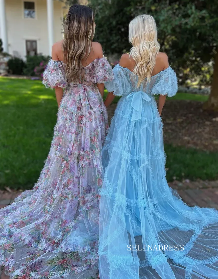 Chic A-line Off-the-shoulder Flower Long Prom Dress Tulle Elegant Evening Dress #JKSS620