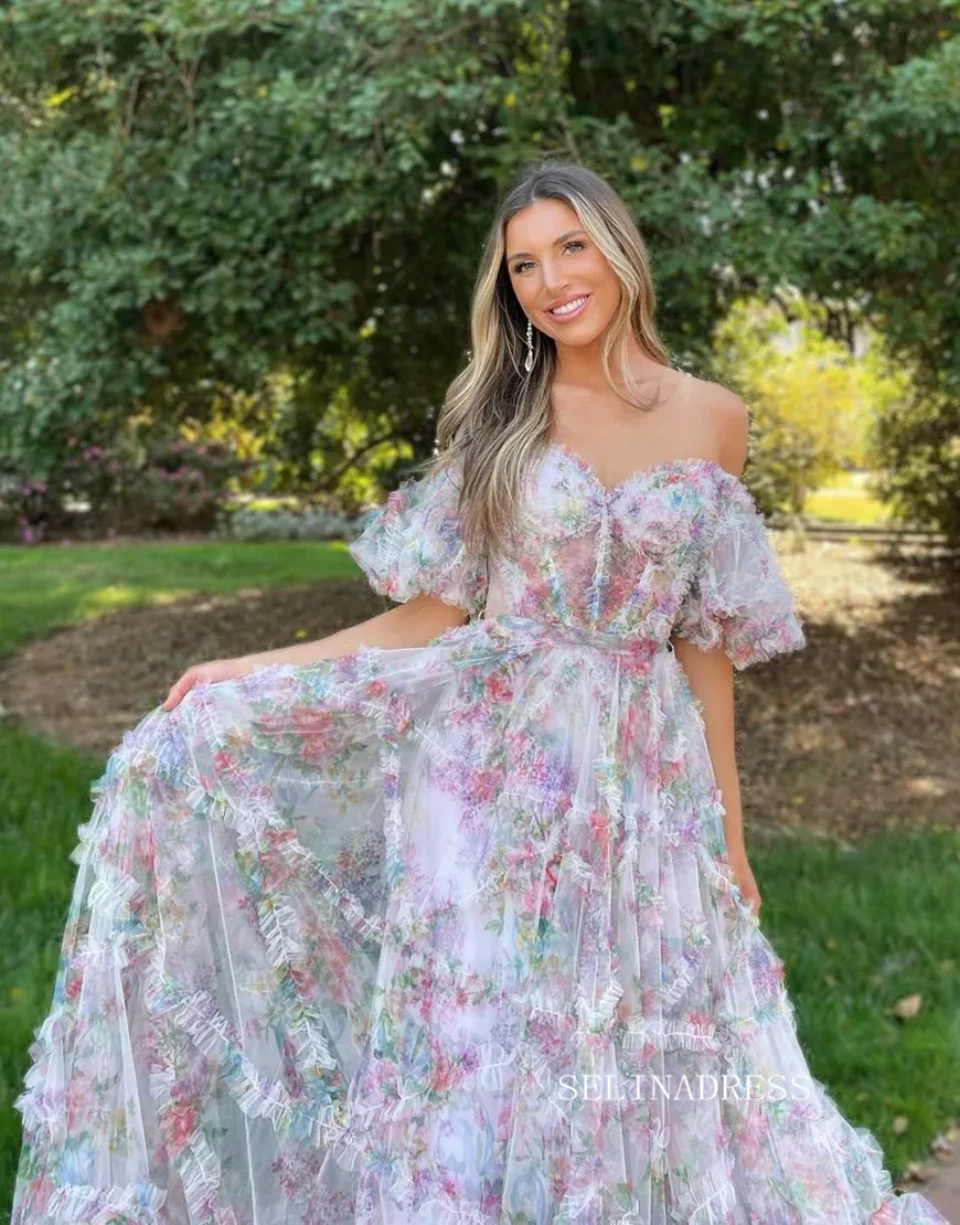 Chic A-line Off-the-shoulder Flower Long Prom Dress Tulle Elegant Evening Dress #JKSS620