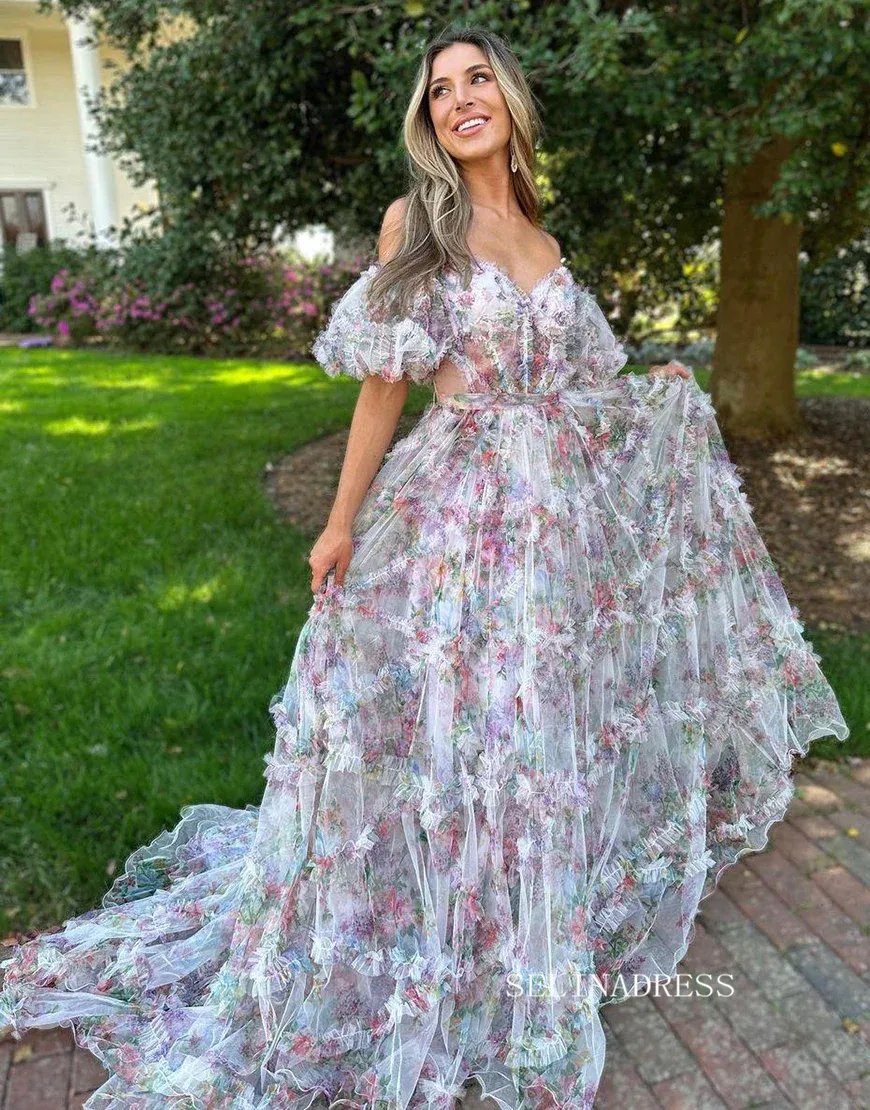 Chic A-line Off-the-shoulder Flower Long Prom Dress Tulle Elegant Evening Dress #JKSS620