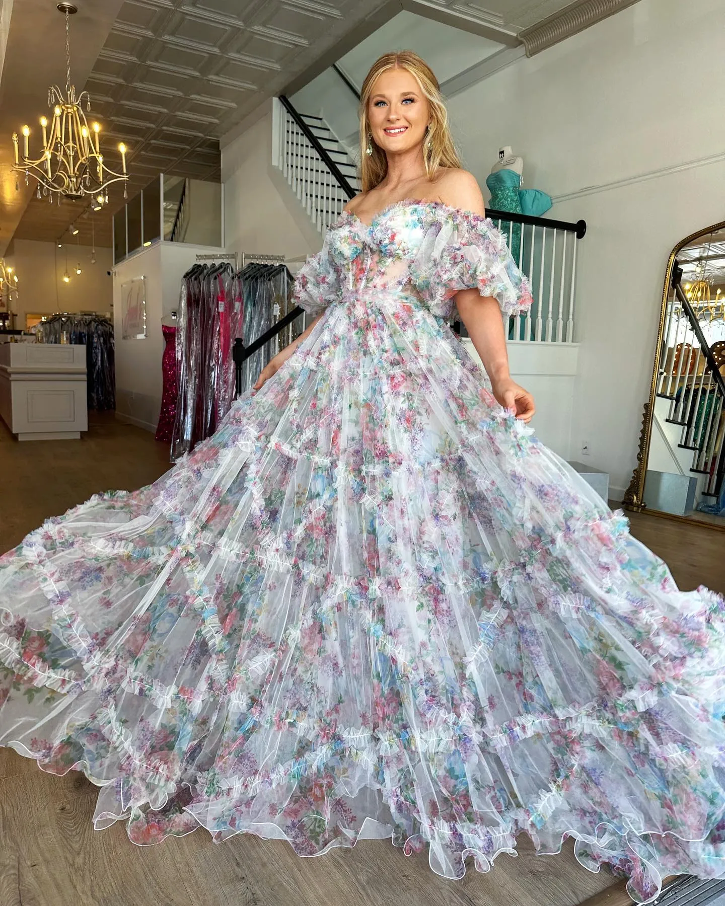 Chic A-line Off-the-shoulder Flower Long Prom Dress Tulle Elegant Evening Dress #JKSS620