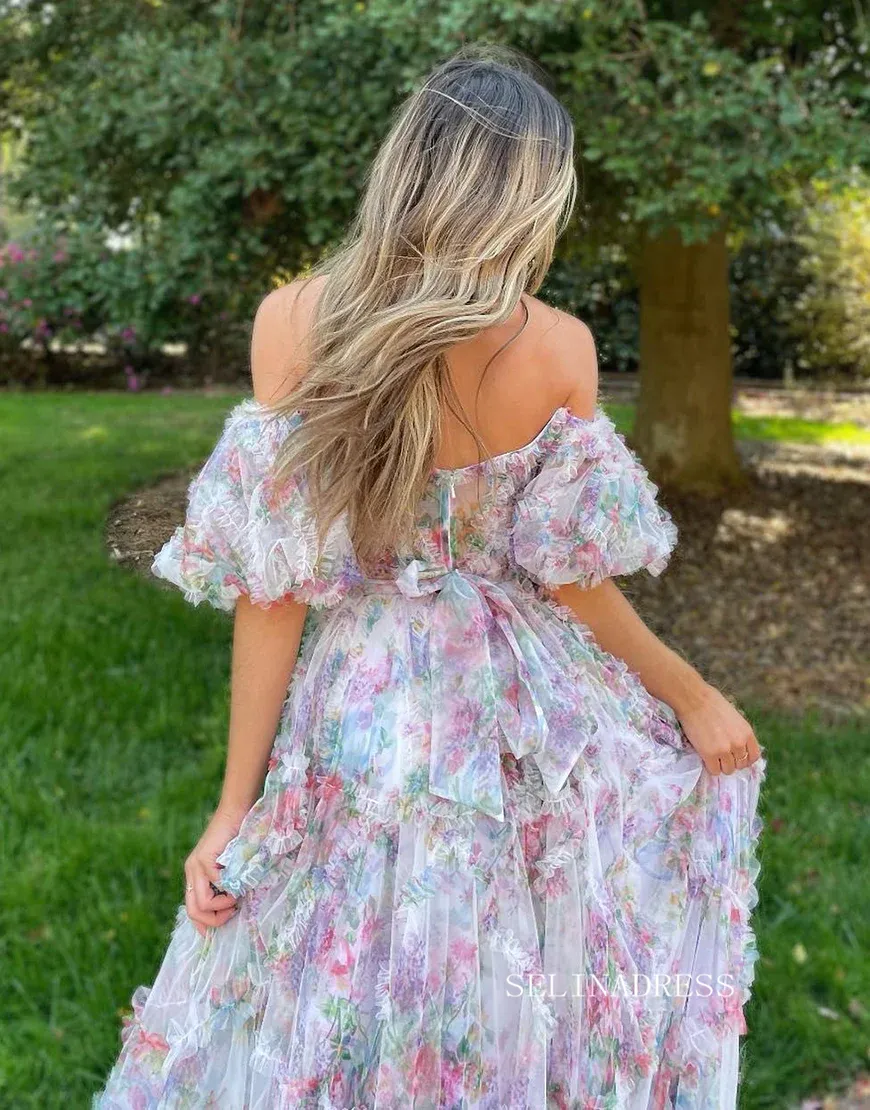 Chic A-line Off-the-shoulder Flower Long Prom Dress Tulle Elegant Evening Dress #JKSS620