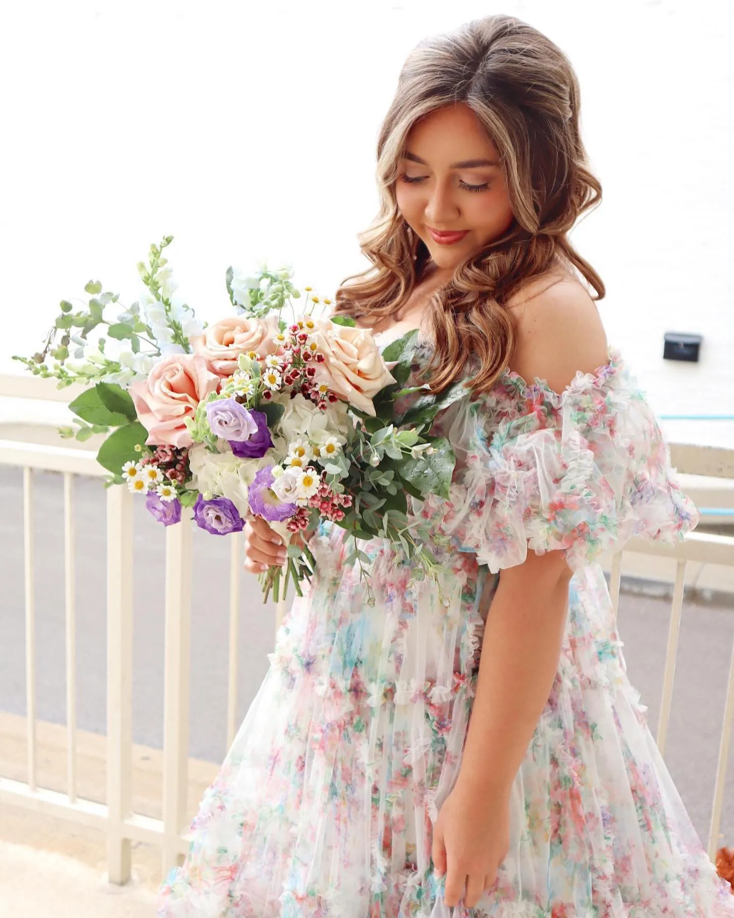 Chic A-line Off-the-shoulder Flower Long Prom Dress Tulle Elegant Evening Dress #JKSS620