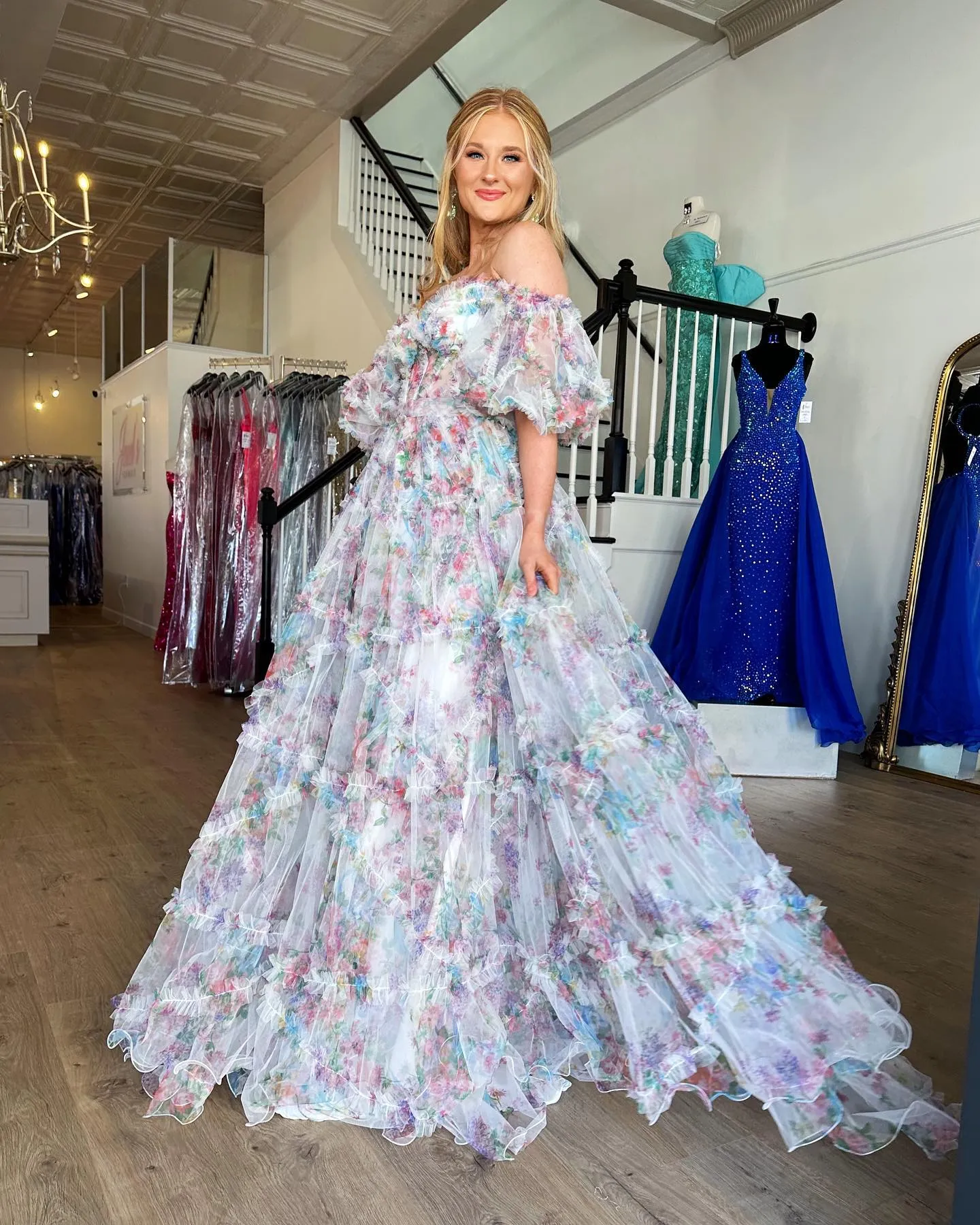 Chic A-line Off-the-shoulder Flower Long Prom Dress Tulle Elegant Evening Dress #JKSS620