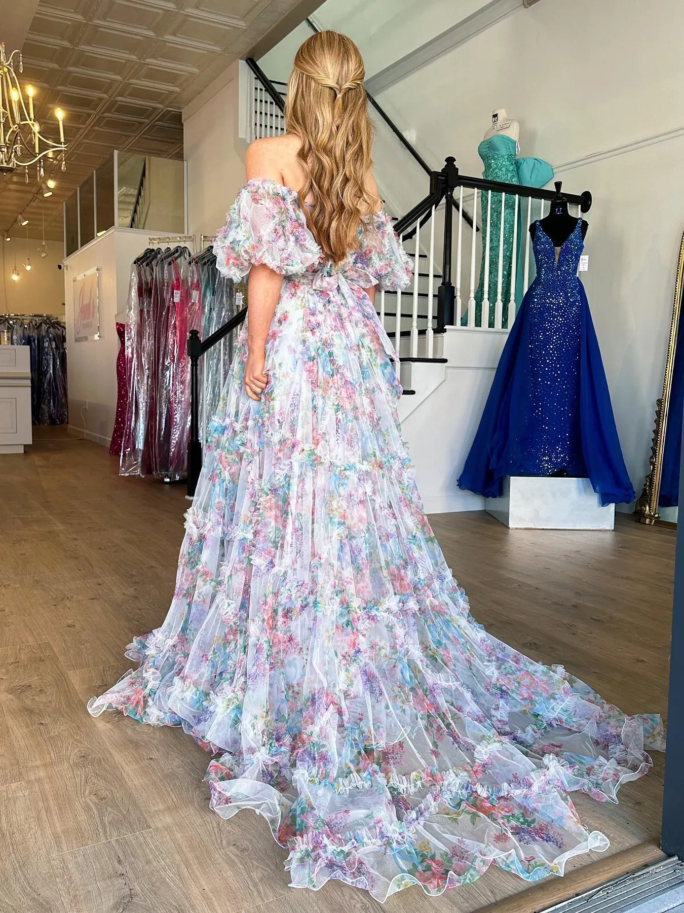 Chic A-line Off-the-shoulder Flower Long Prom Dress Tulle Elegant Evening Dress #JKSS620