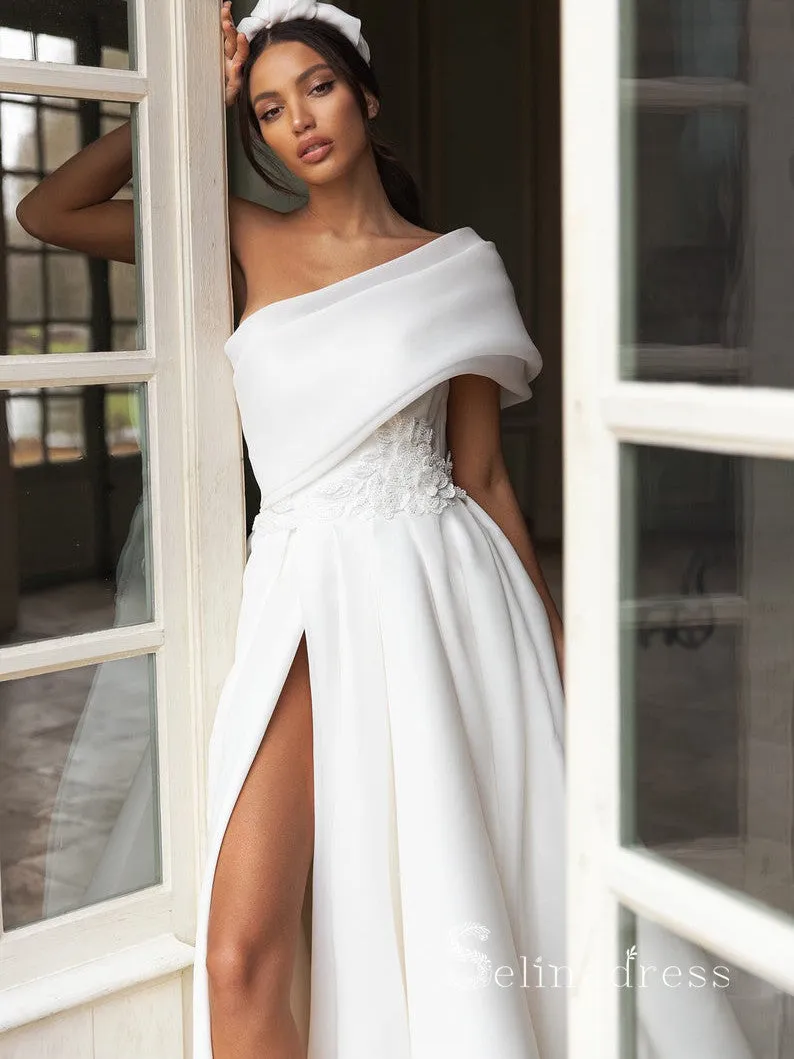 Chic A-line One Shoulder White Wedding Dresses WIth Big Bow Bridal Gowns CBD413