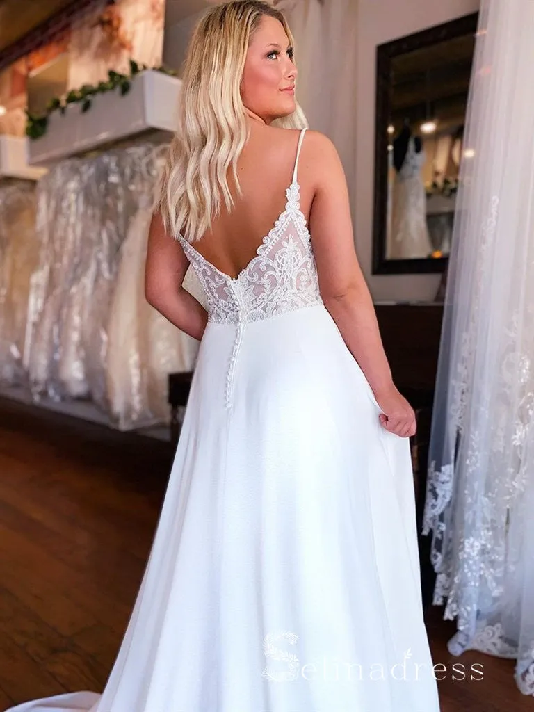 Chic A-line Spaghetti Straps Cheap Wedding Dresses White Bridal Gowns CBD251