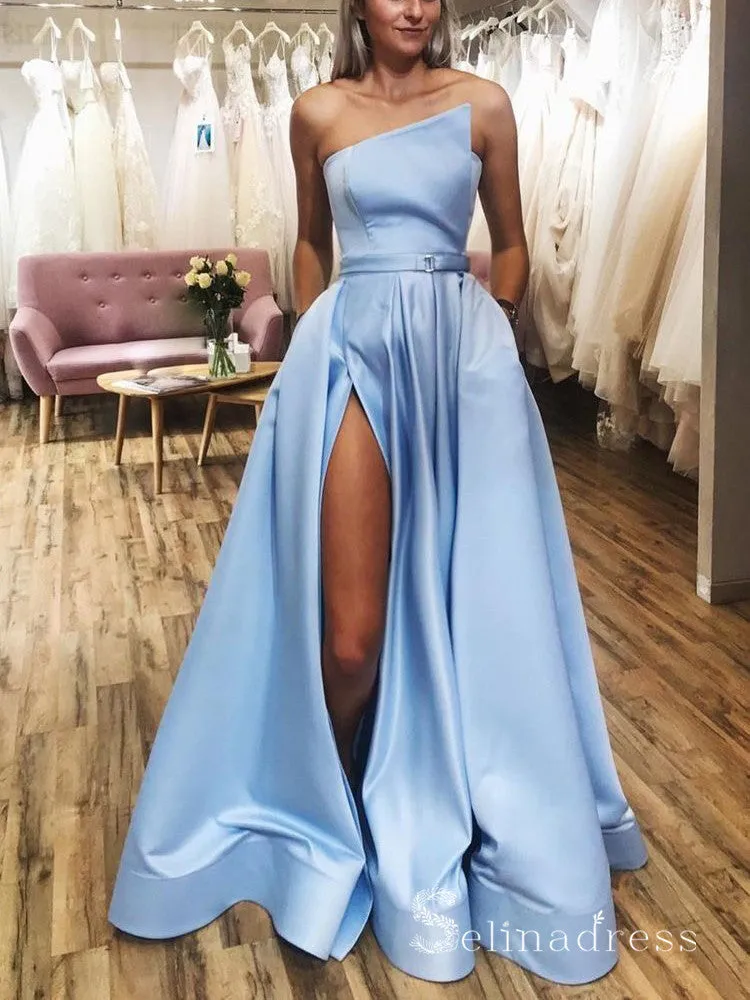 Chic A-line Strapless Light Sky Blue Satin Long Prom Dresses Cheap Evening Dress CBD275