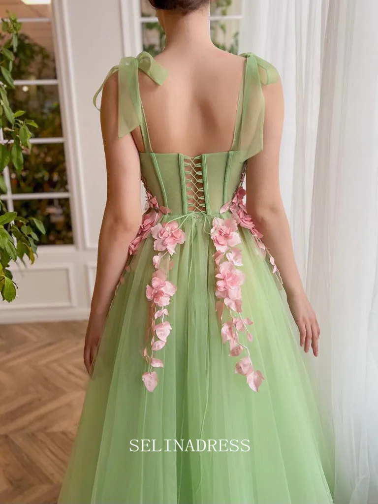 Chic A-line Sweetheart Sage Long Prom Dress Charming Verdant Floral Waltz Gown #LOP201