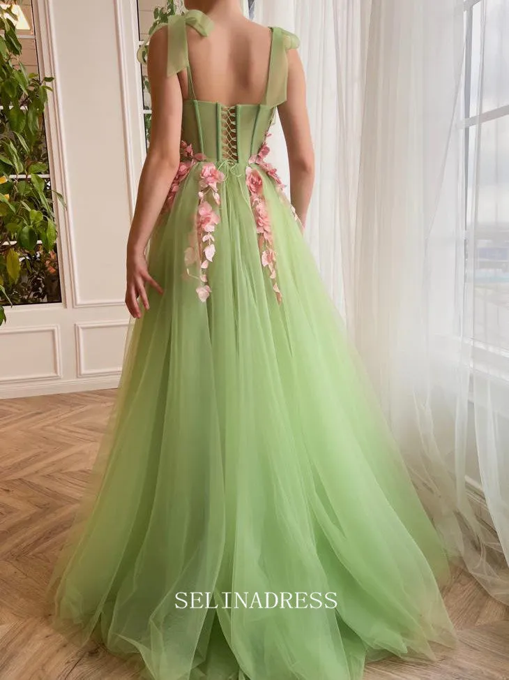 Chic A-line Sweetheart Sage Long Prom Dress Charming Verdant Floral Waltz Gown #LOP201
