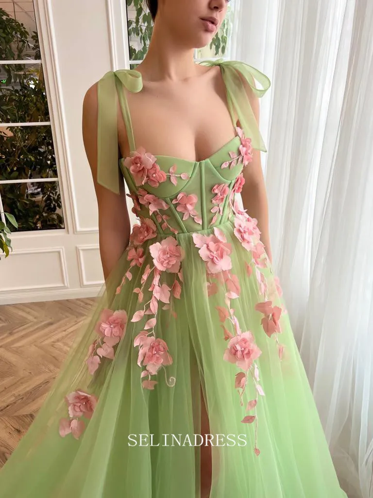 Chic A-line Sweetheart Sage Long Prom Dress Charming Verdant Floral Waltz Gown #LOP201