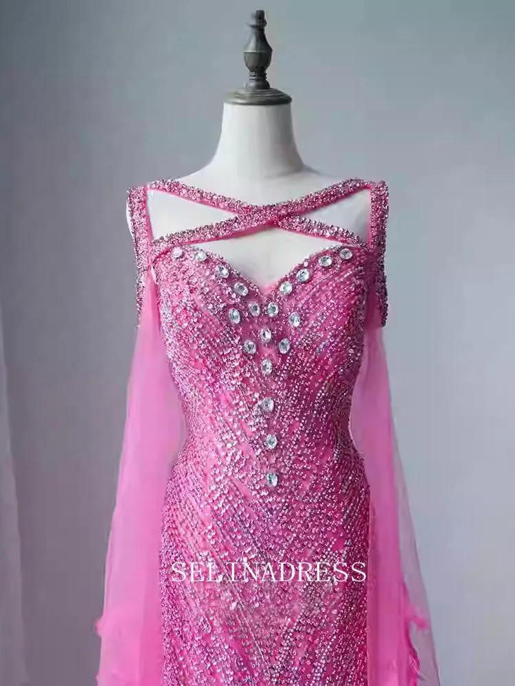 Chic Mermaid Beaded Long Prom Dresses With Removable Shoulder Strap Elegant Evening Dress TKL3086