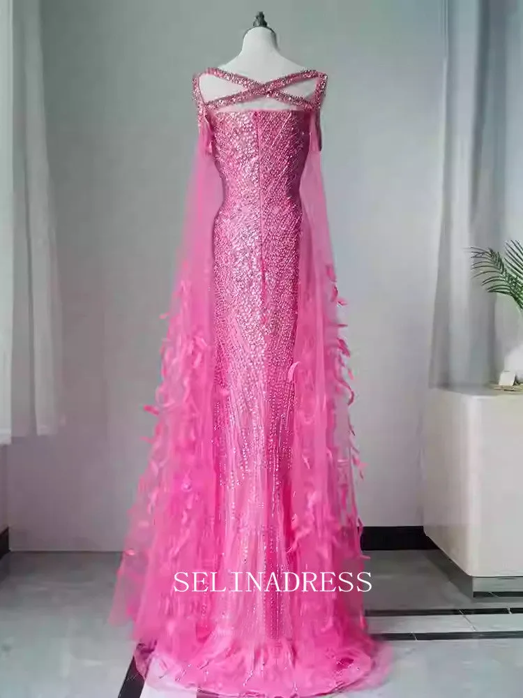 Chic Mermaid Beaded Long Prom Dresses With Removable Shoulder Strap Elegant Evening Dress TKL3086