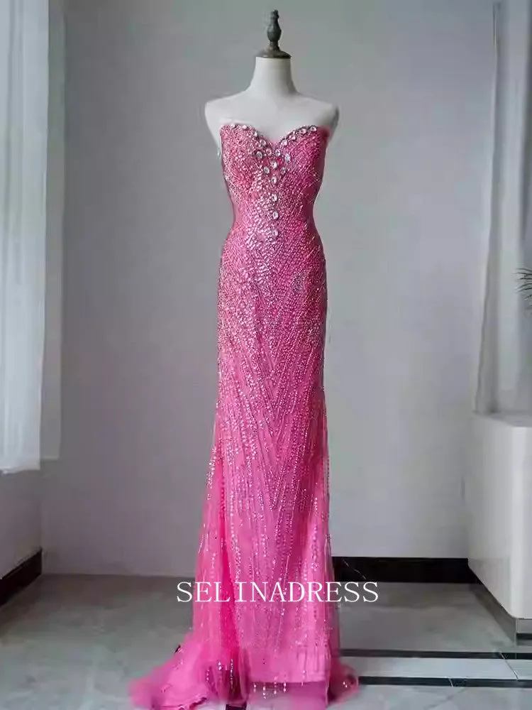 Chic Mermaid Beaded Long Prom Dresses With Removable Shoulder Strap Elegant Evening Dress TKL3086