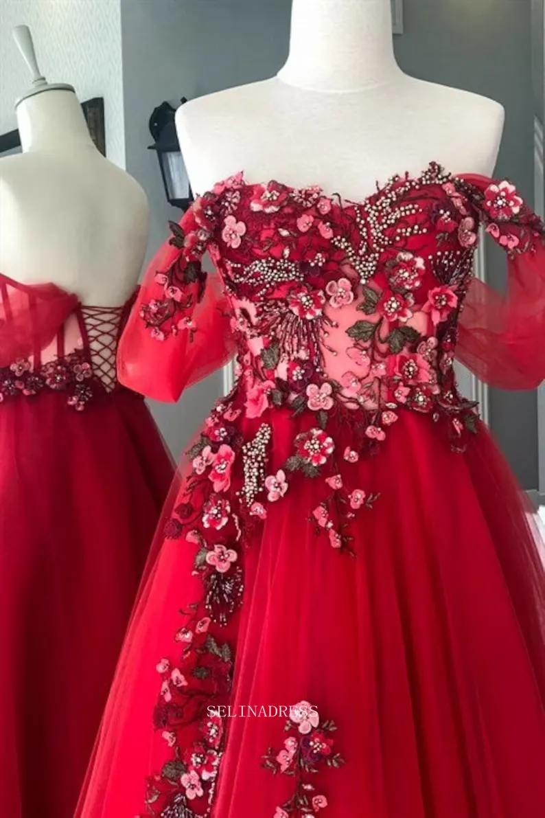 Chic Red Tulle Corset Dress Long Prom Dresses Floral Evening Gowns Formal Dress POL018