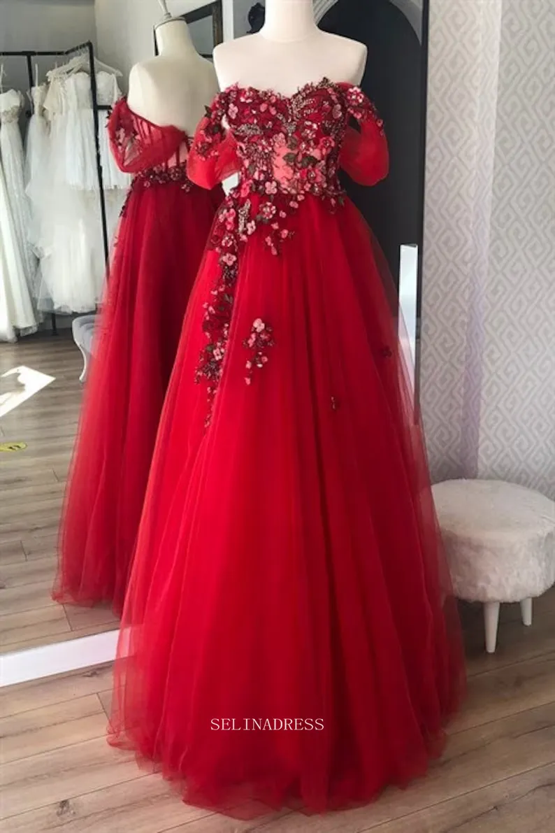 Chic Red Tulle Corset Dress Long Prom Dresses Floral Evening Gowns Formal Dress POL018