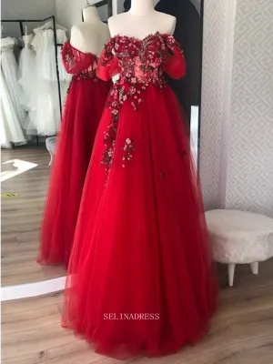 Chic Red Tulle Corset Dress Long Prom Dresses Floral Evening Gowns Formal Dress POL018
