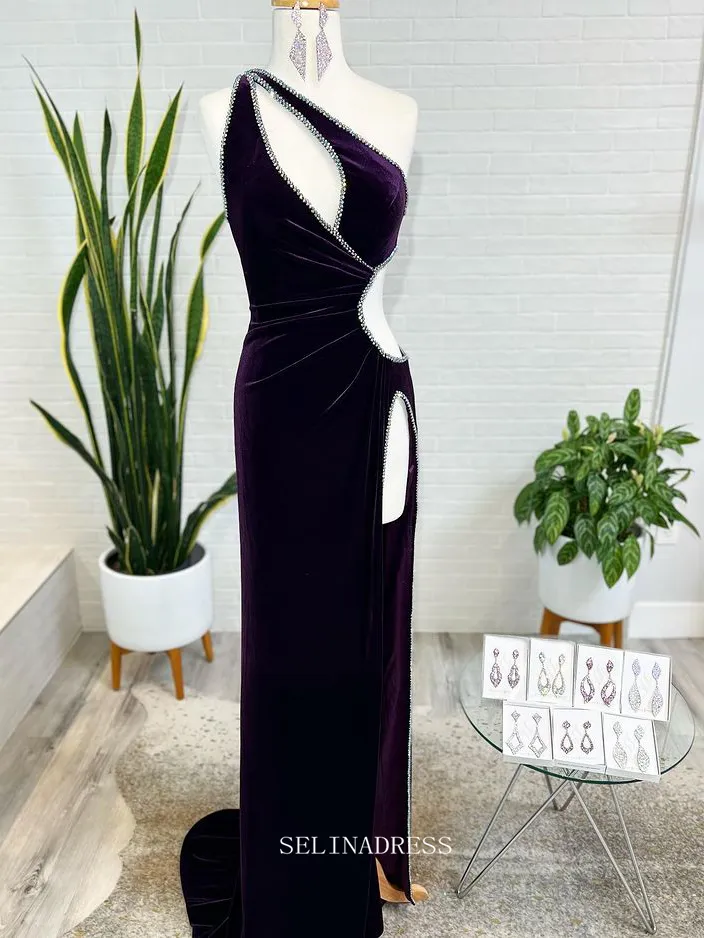 Chic Sheath/Column One Shoulder Grape Long Prom Dresses Rhinestone Evening Gowns Pageant Dress TKL060