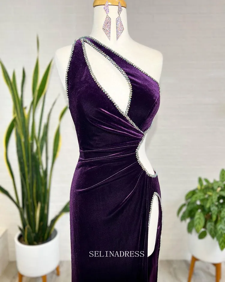 Chic Sheath/Column One Shoulder Grape Long Prom Dresses Rhinestone Evening Gowns Pageant Dress TKL060