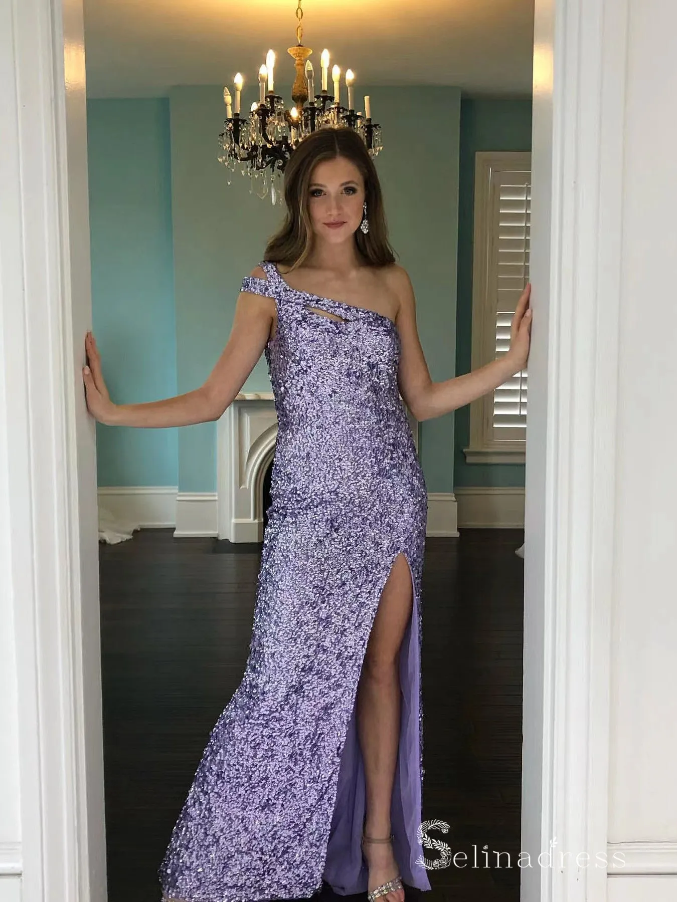 Chic Sheath/Column One Shoulder Lilac Sparkly Long Prom Dresses Evening Dresses MLH2014