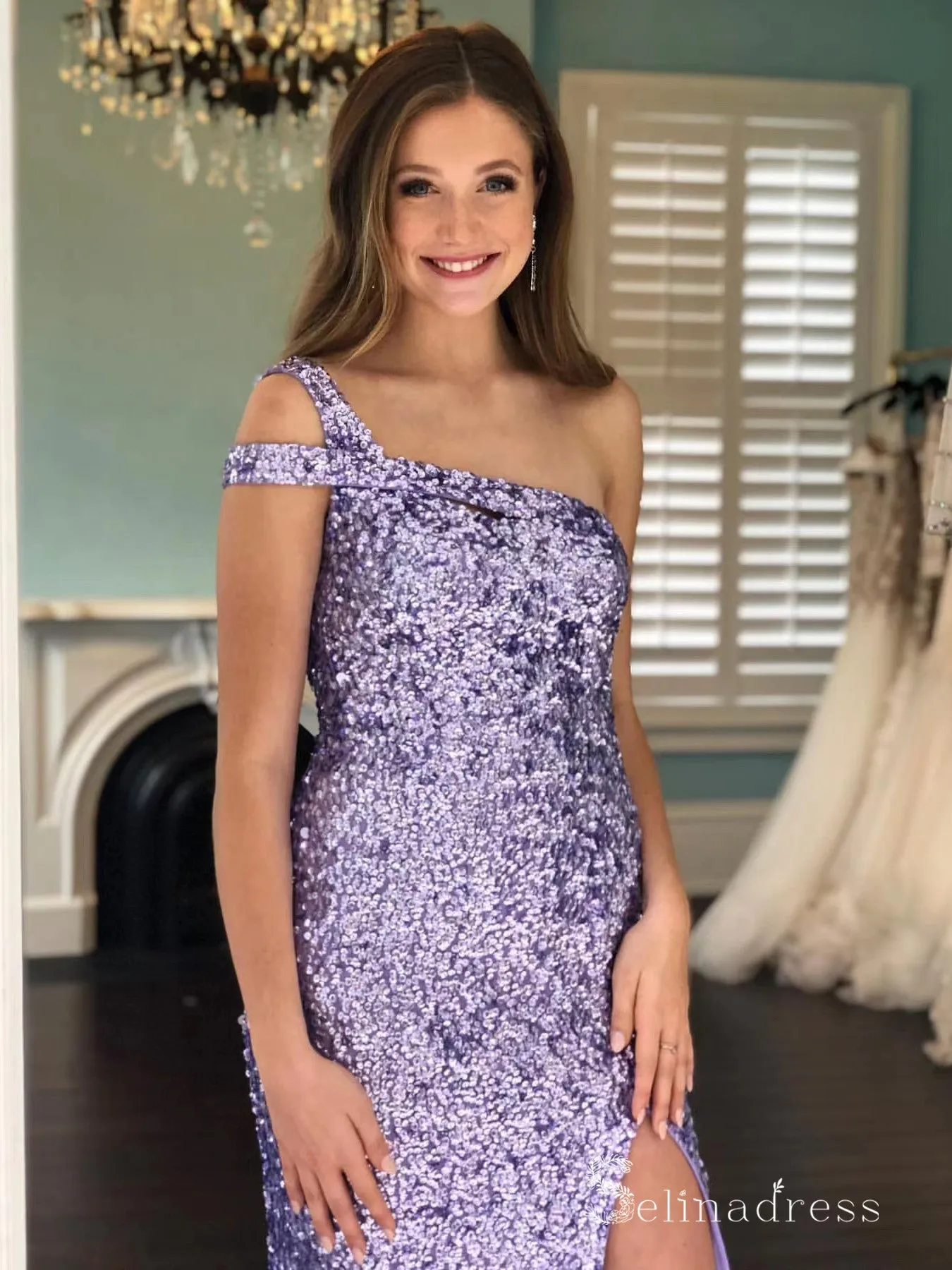 Chic Sheath/Column One Shoulder Lilac Sparkly Long Prom Dresses Evening Dresses MLH2014