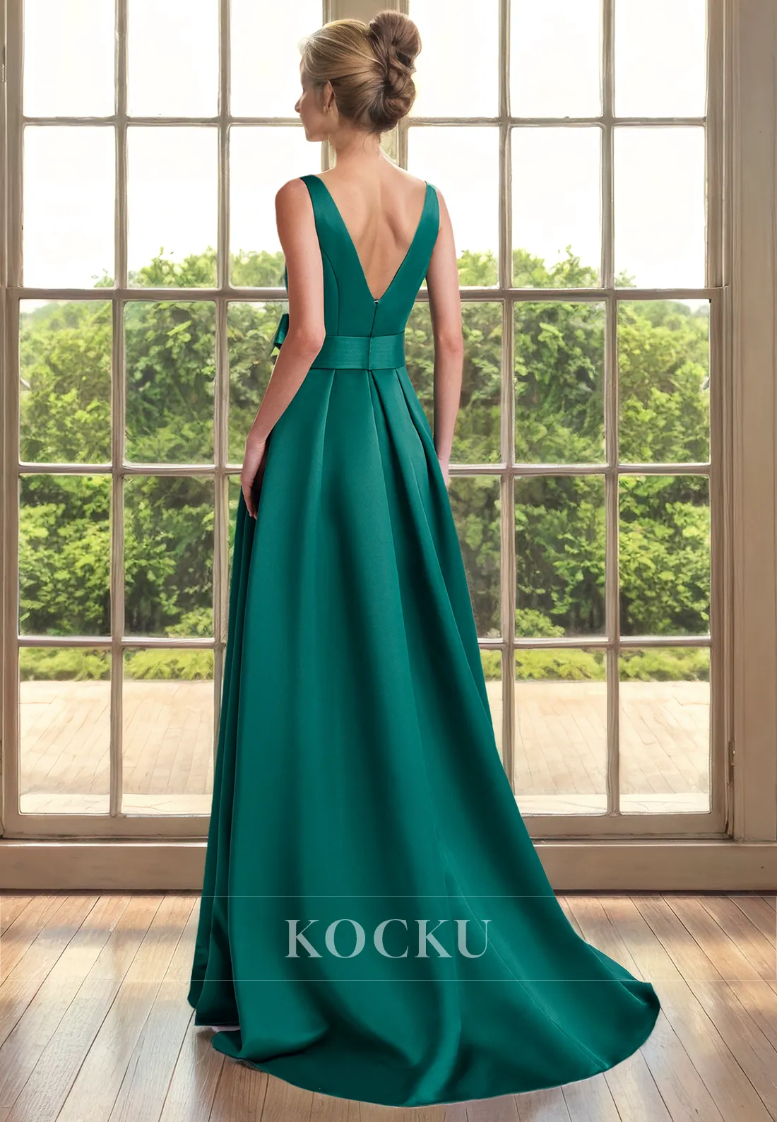 Couture Sleeveless Split A-Line Bowknot Belt Cocktail Mother of the Bride Dress