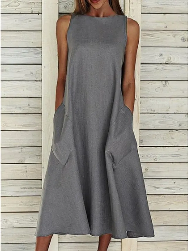 Dunnmall Women's A-Line Dress Midi Dress - Sleeveless Pocket Summer Basic Hot Holiday White Blue Yellow Gray S M L XL XXL