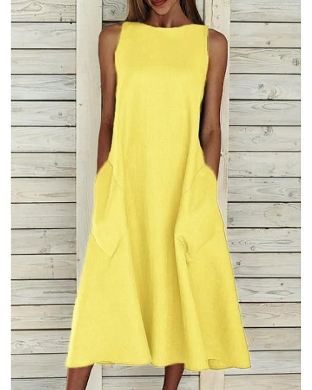 Dunnmall Women's A-Line Dress Midi Dress - Sleeveless Pocket Summer Basic Hot Holiday White Blue Yellow Gray S M L XL XXL