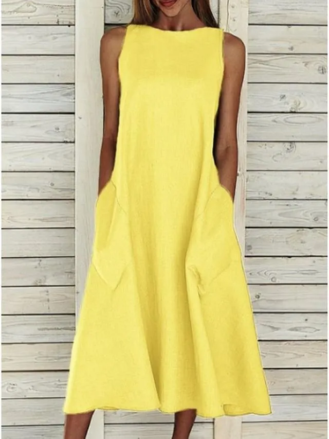 Dunnmall Women's A-Line Dress Midi Dress - Sleeveless Pocket Summer Basic Hot Holiday White Blue Yellow Gray S M L XL XXL