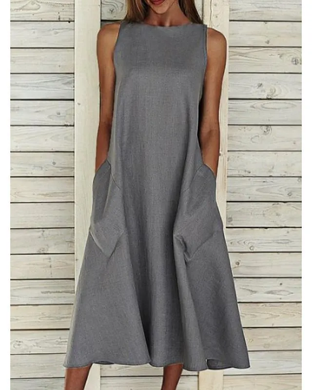 Dunnmall Women's A-Line Dress Midi Dress - Sleeveless Pocket Summer Basic Hot Holiday White Blue Yellow Gray S M L XL XXL